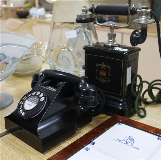 A Jydsk hand cranked telephone and a bakelite telephone 32cm